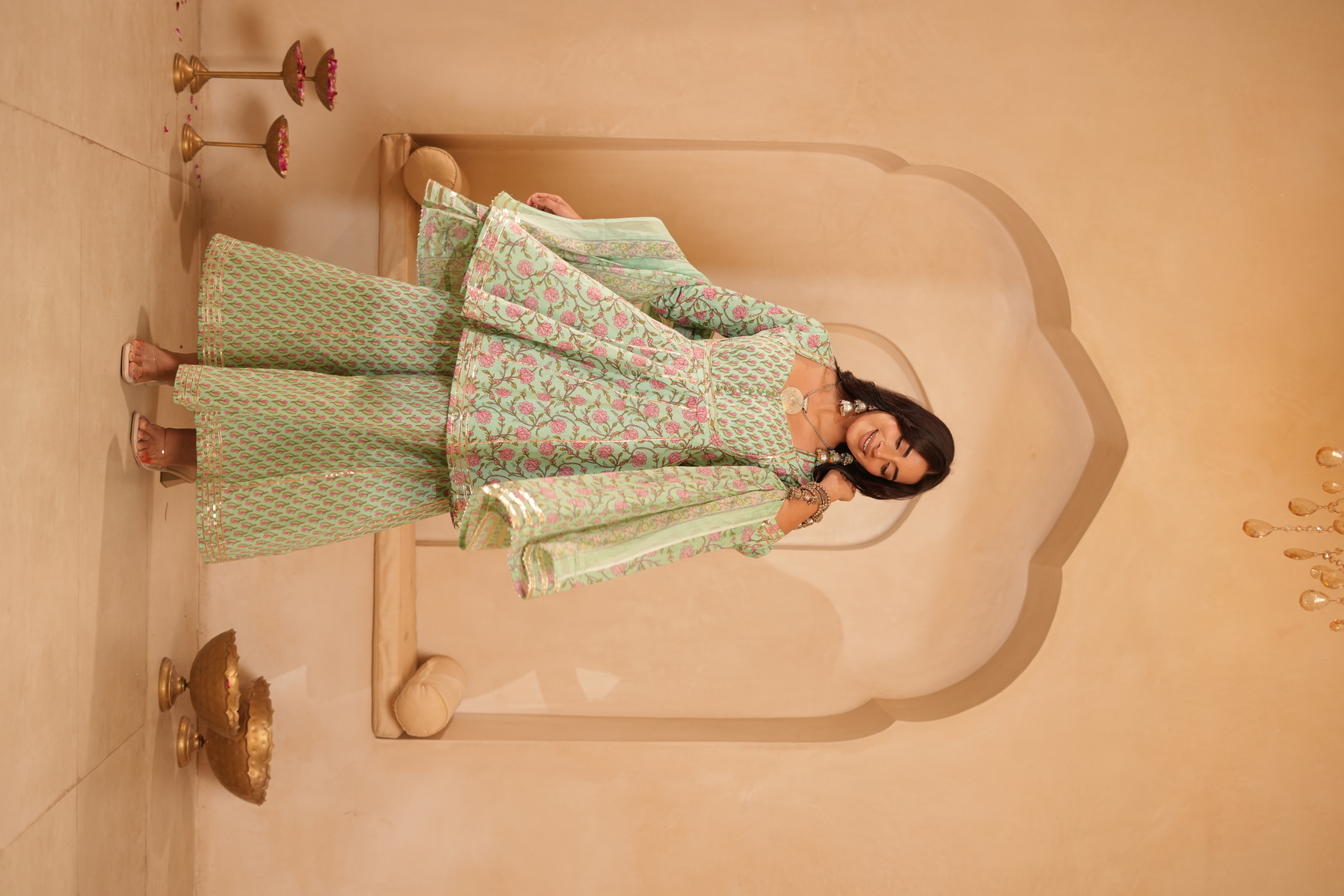 Mint Green Peplum Kurta with Printed Palazzos & Dupatta