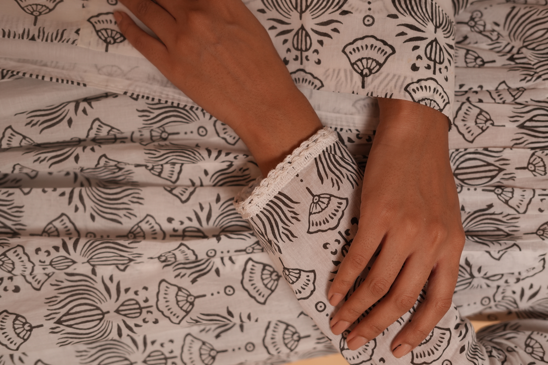 White & Grey Hand Block Printed Cotton Kurta Set with Dupatta
