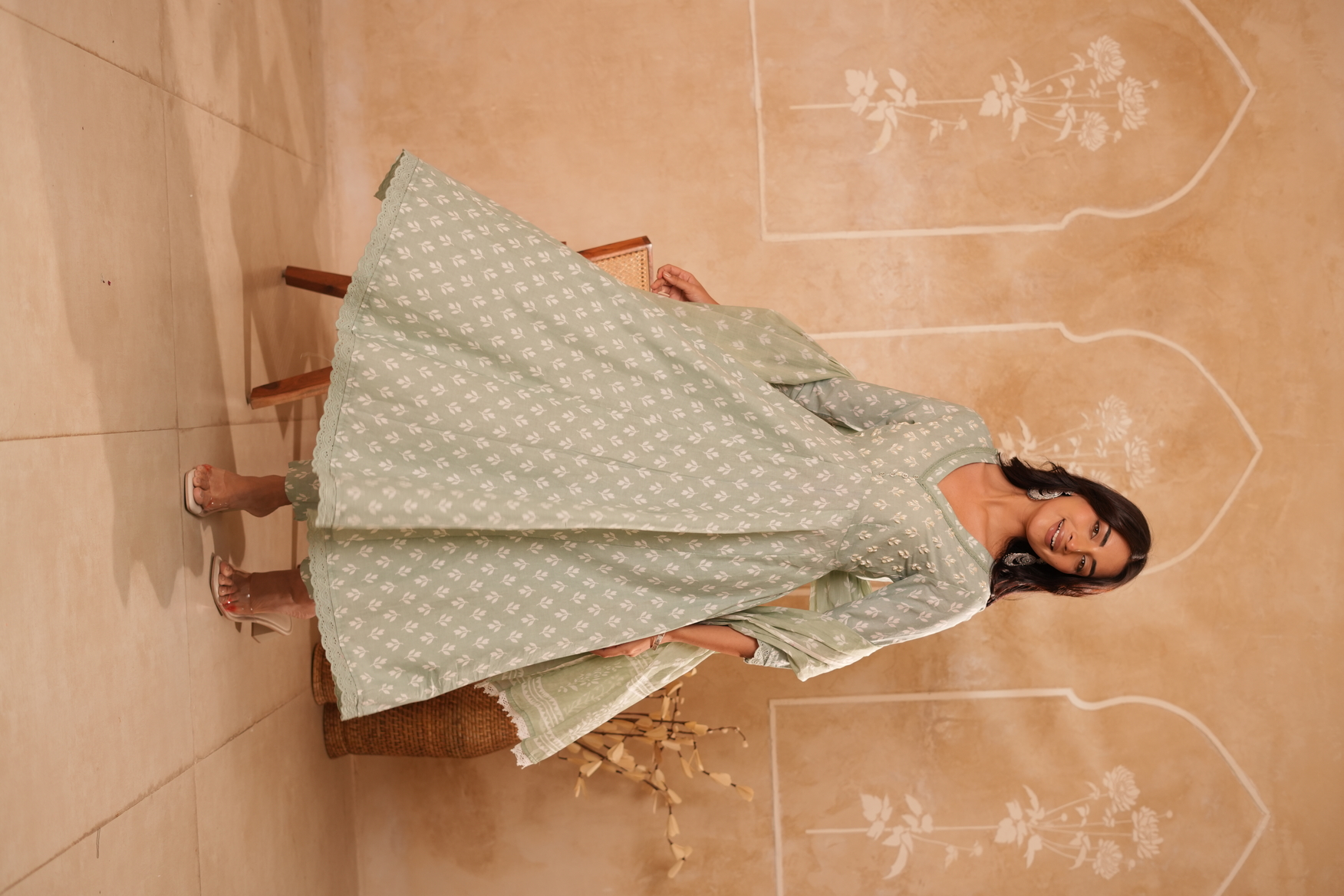 Sage Green Printed Cotton Anarkali Kurta Set with Dupatta
