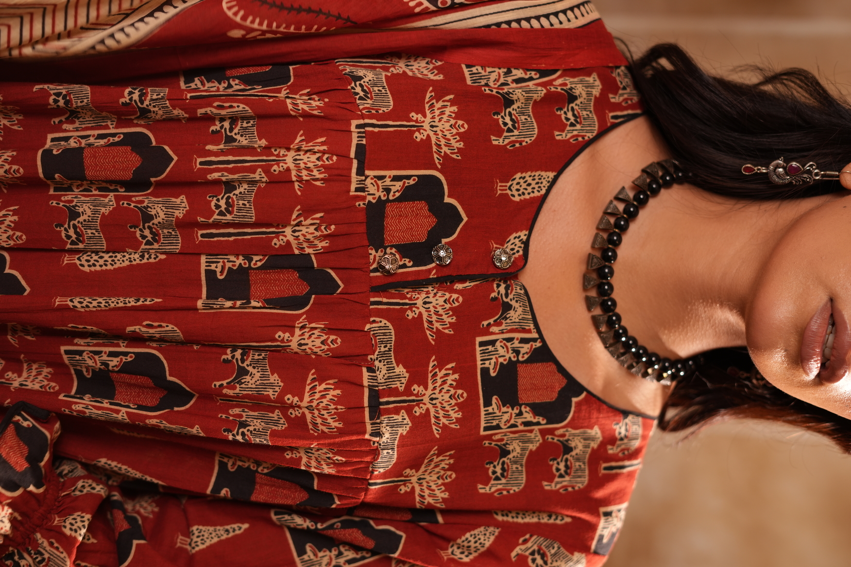 Rust Red Printed Cotton Blend Anarkali Kurta with Dupatta