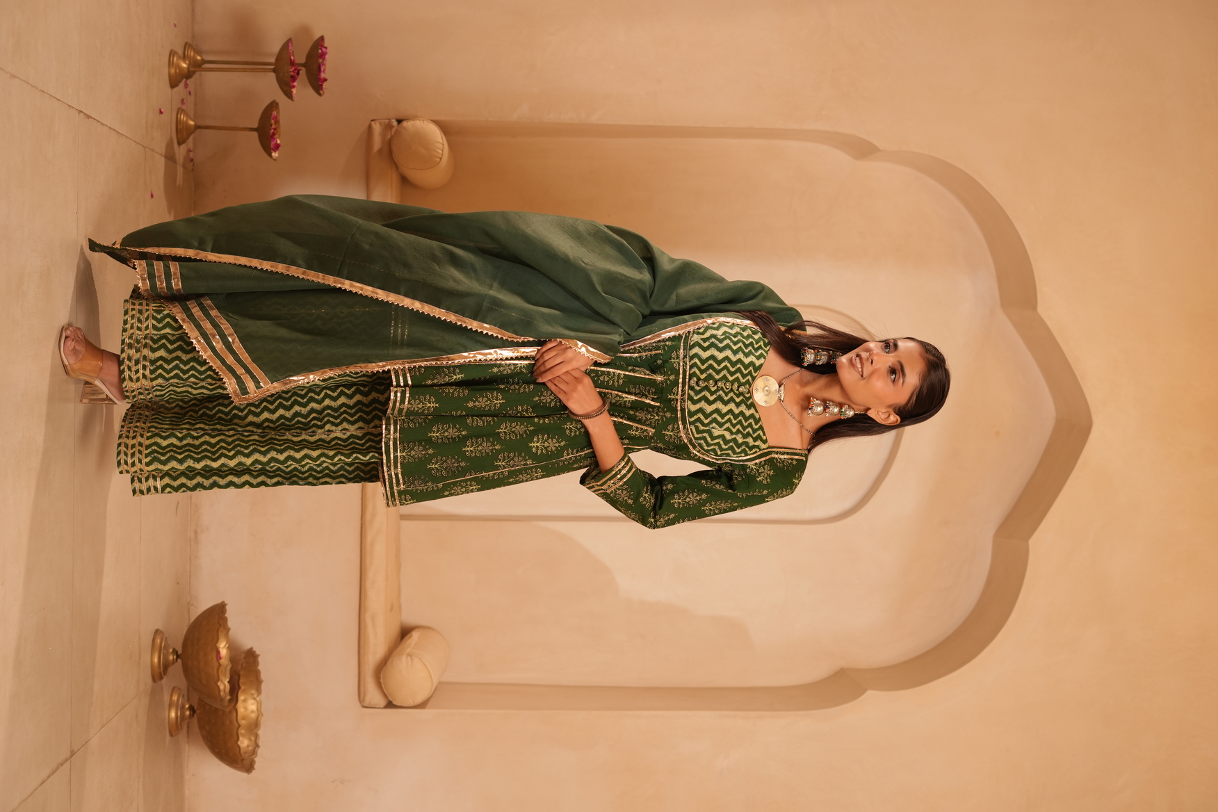Women Green Printed Anarkali Kurta Sharara & Solid Dupatta Set