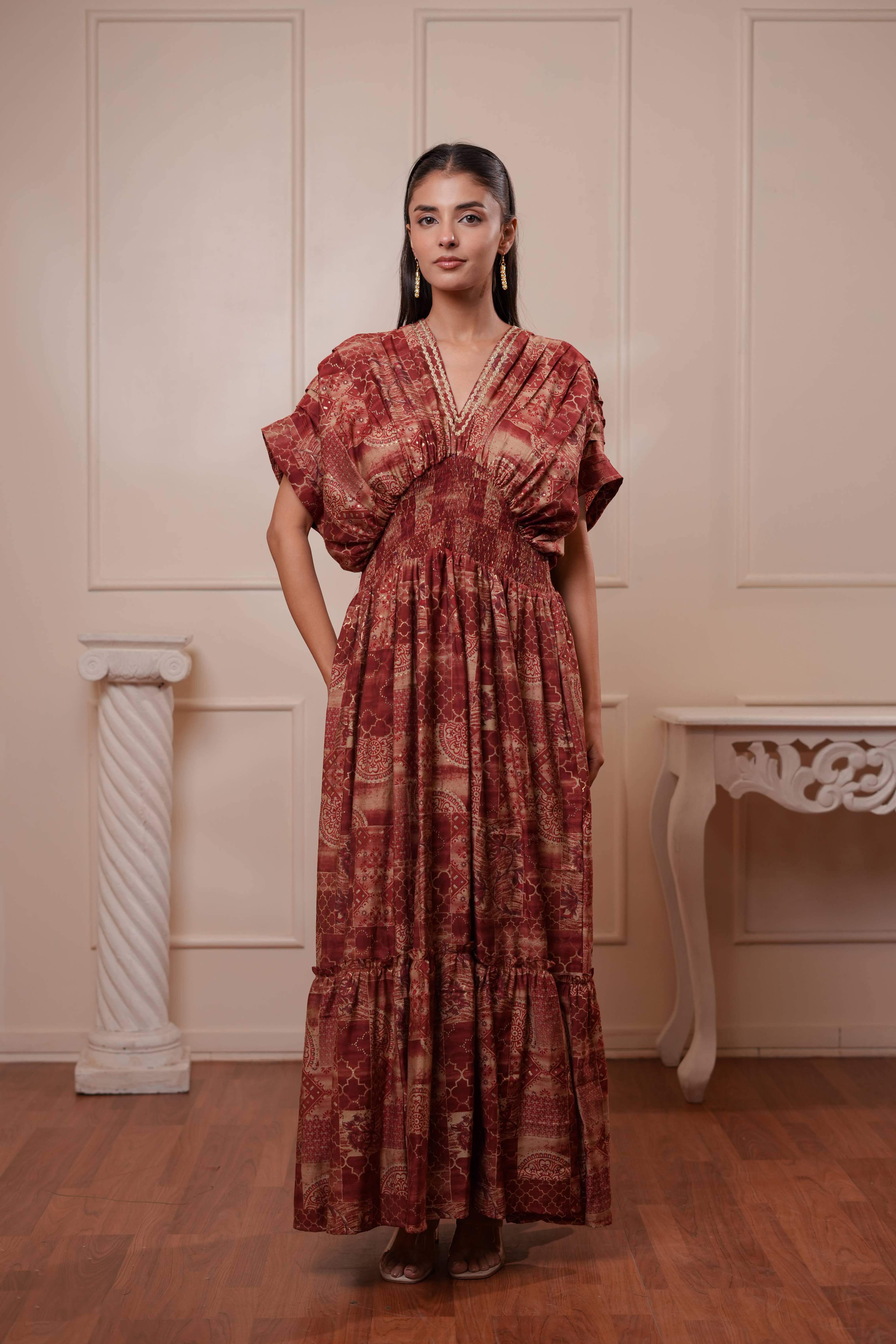 Maroon Printed Smocked Maxi Dress