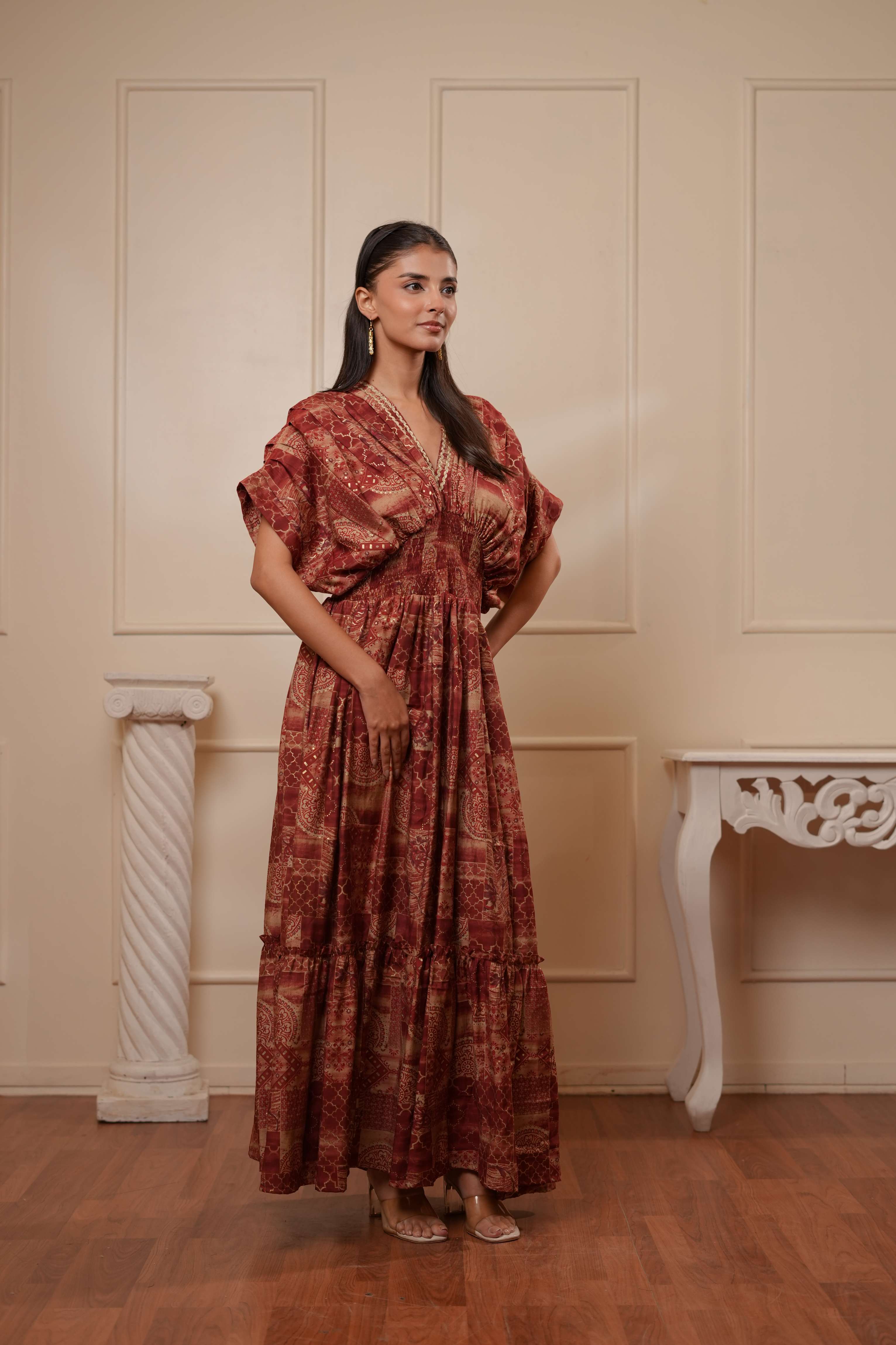 Maroon Printed Smocked Maxi Dress