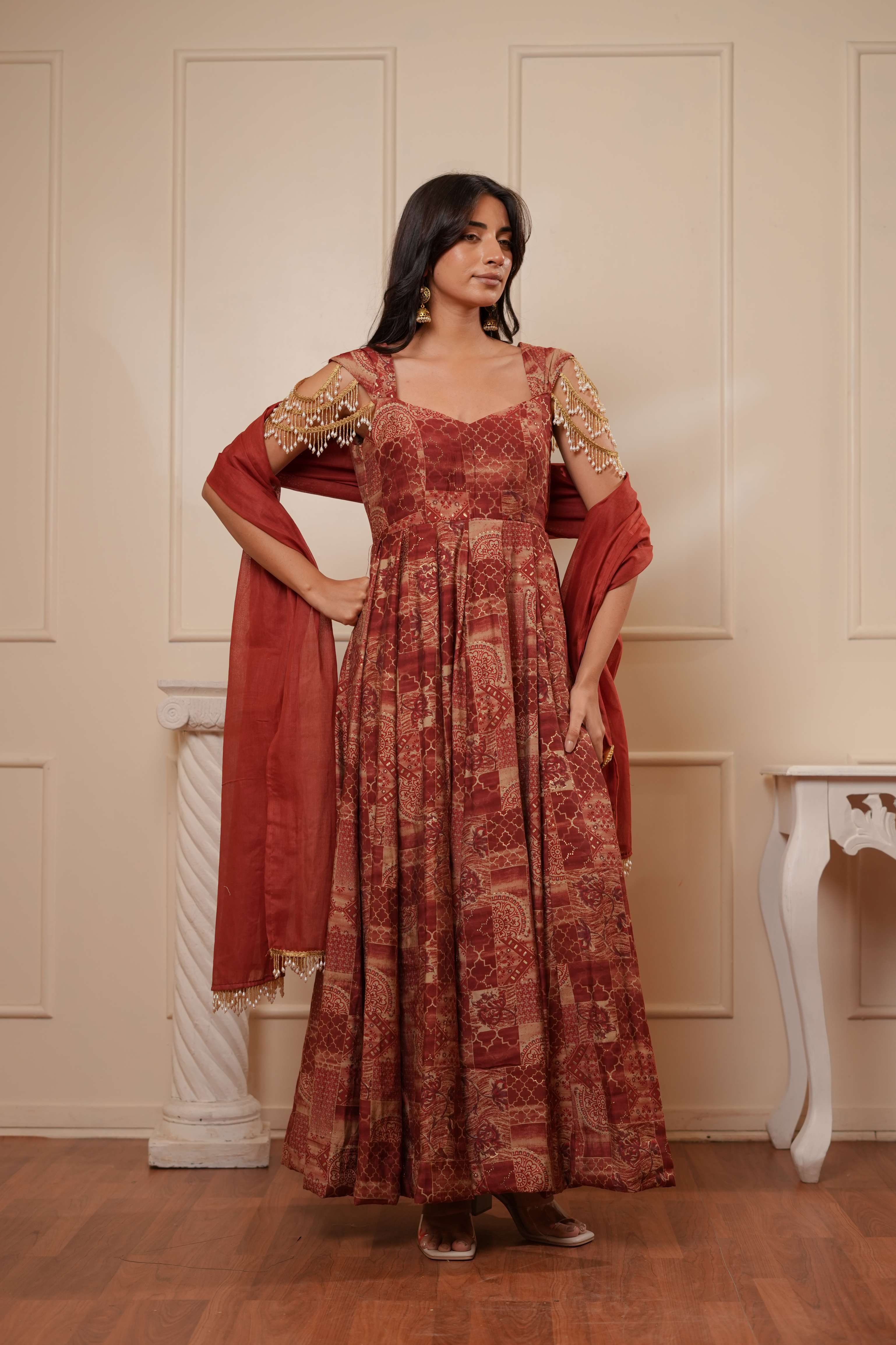 Maroon Printed Anarkali Kurta with Dupatta