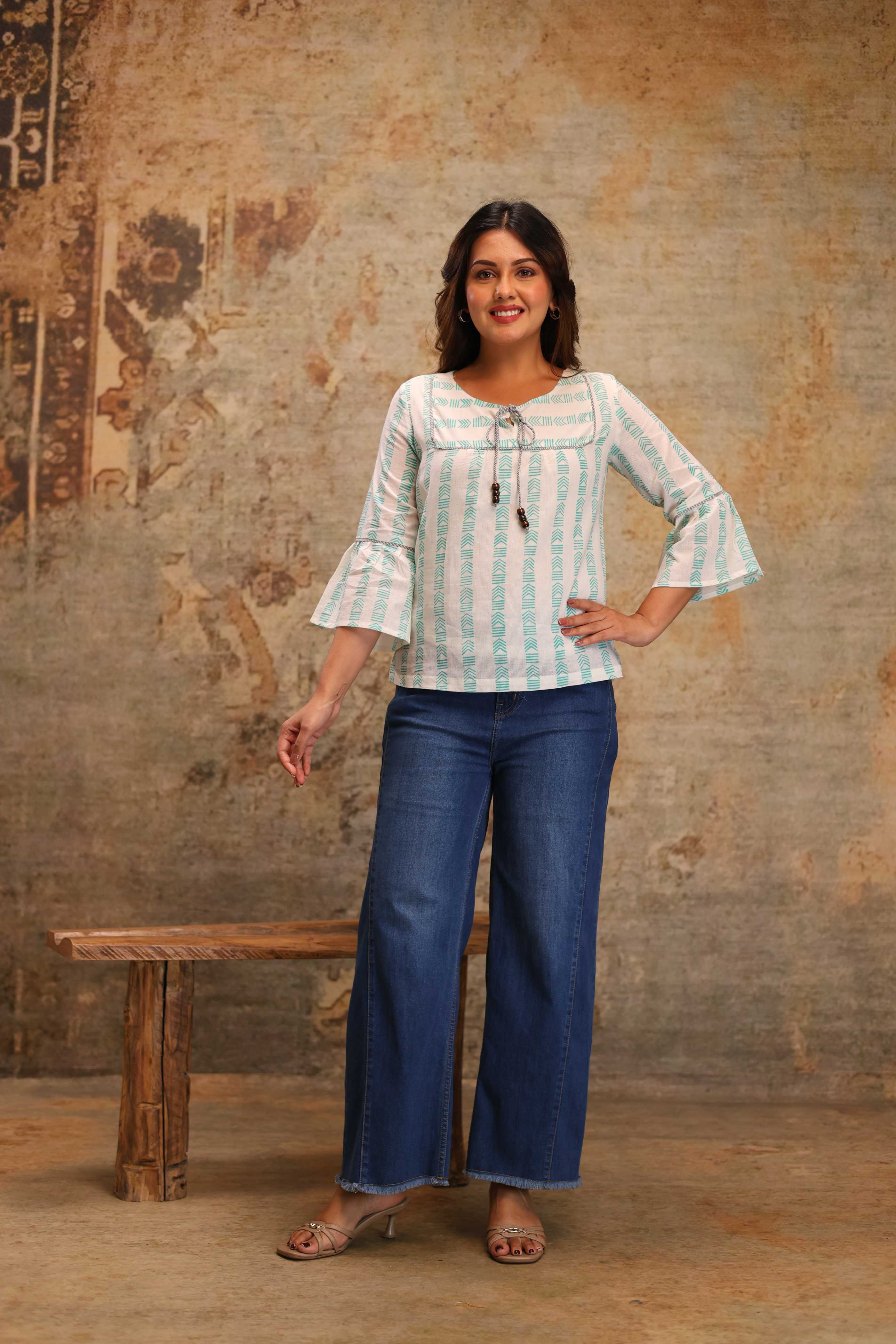 Shivaradhya Designers Printed Round Neck Flared Sleeve Top