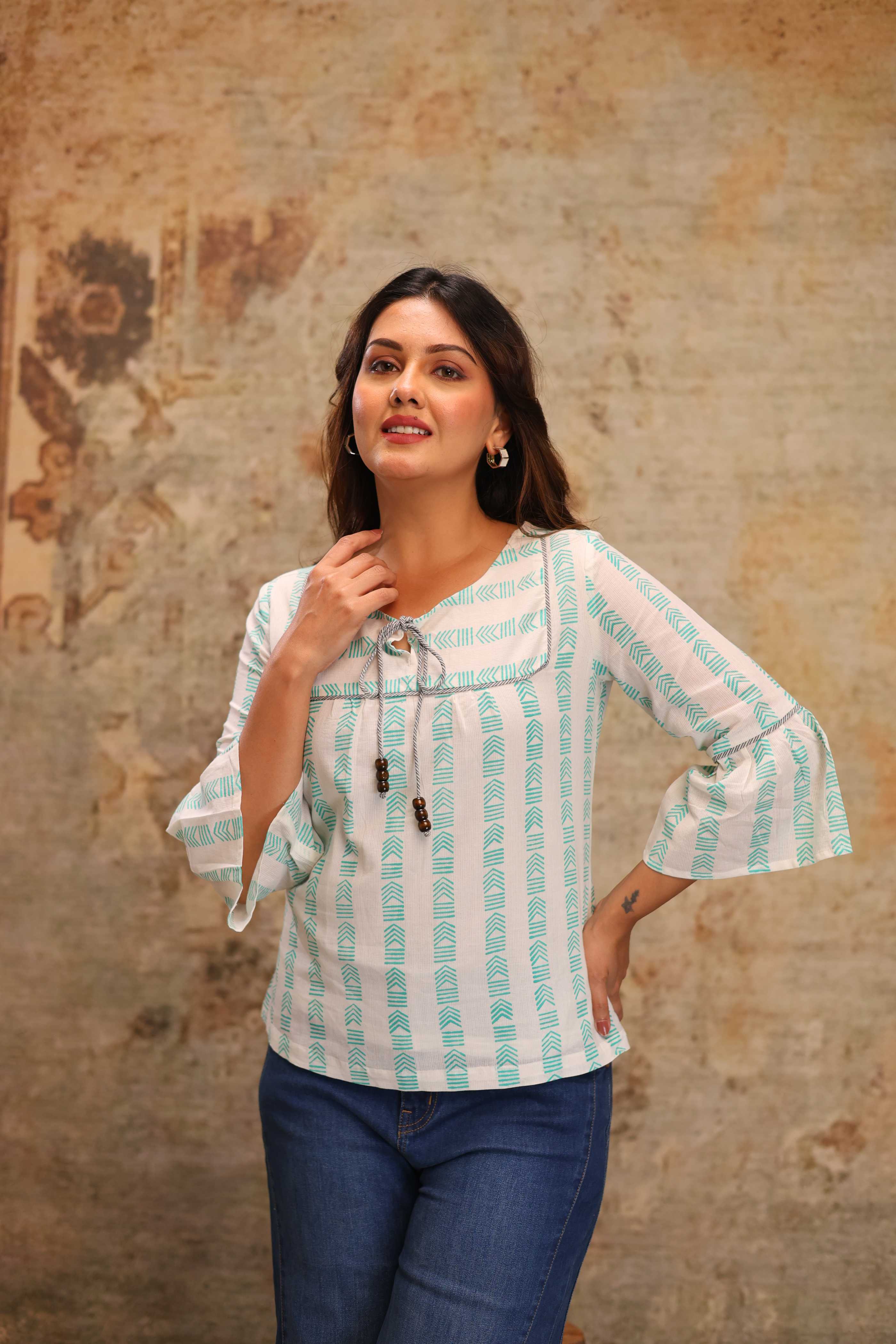 Shivaradhya Designers Printed Round Neck Flared Sleeve Top