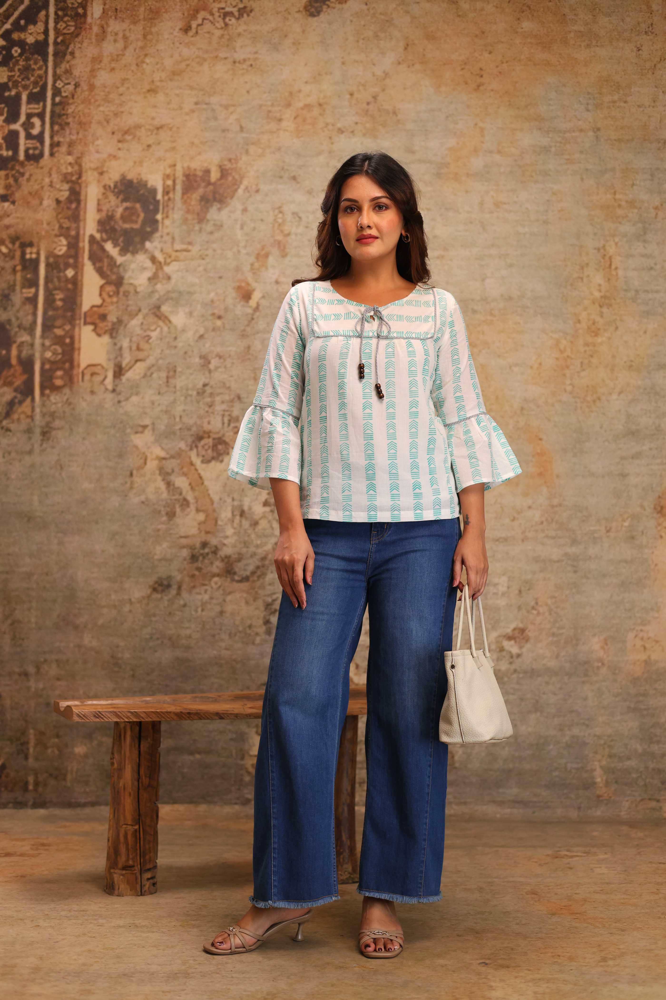 Shivaradhya Designers Printed Round Neck Flared Sleeve Top