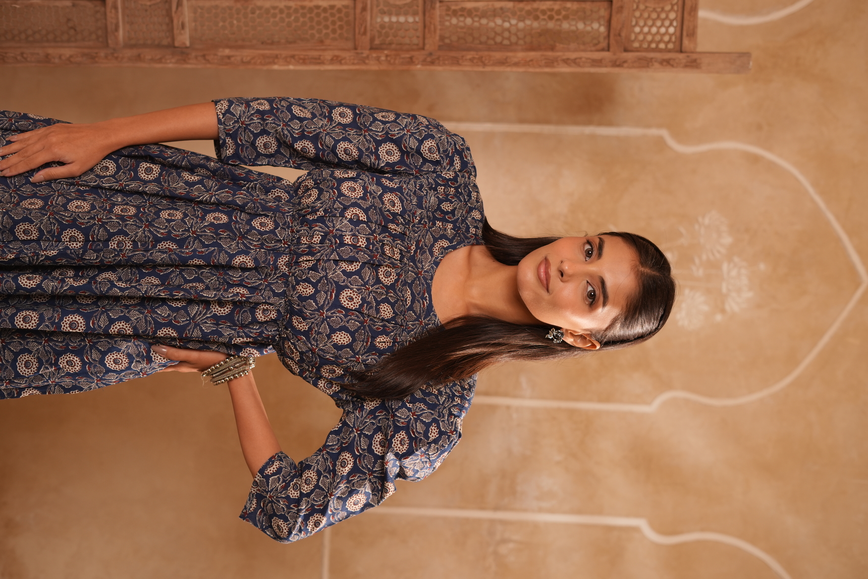 Navy Blue Floral Printed Fit & Flare Maxi Dress