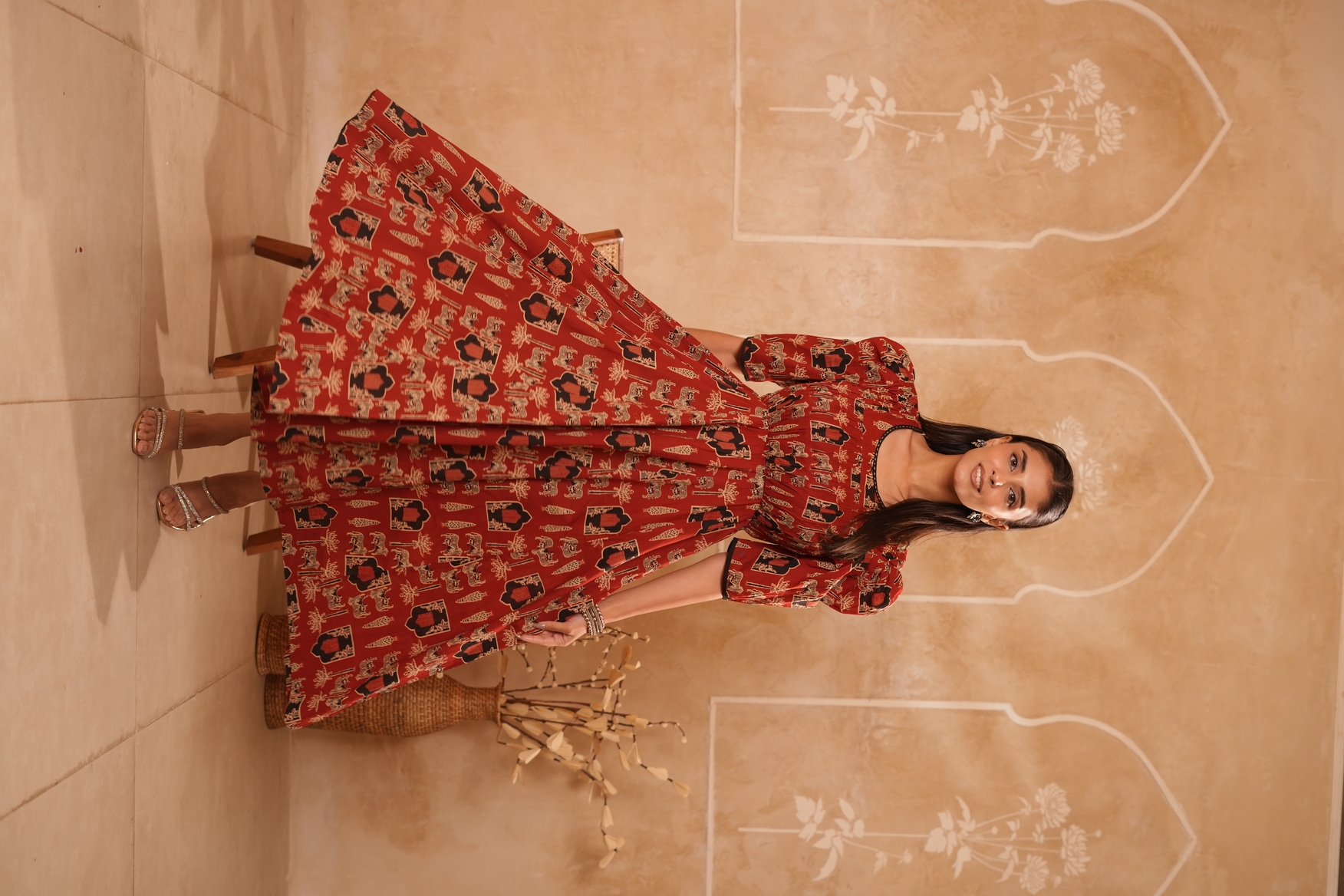 Rust Red Ethnic Printed Fit & Flare Maxi Dress