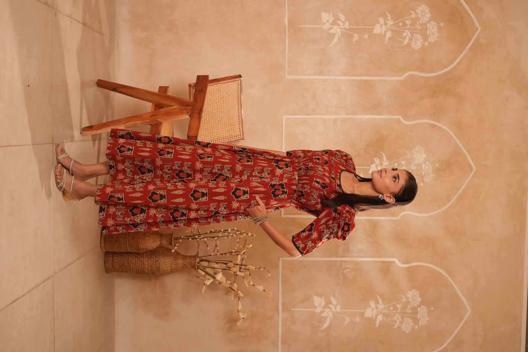 Rust Red Ethnic Printed Fit & Flare Maxi Dress