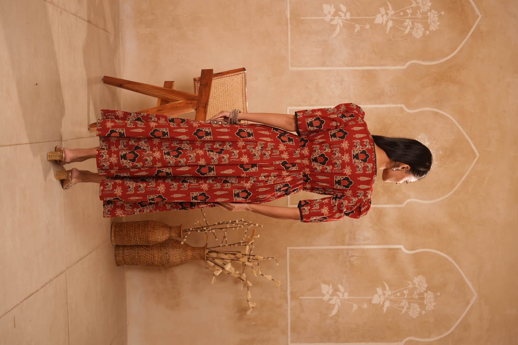 Rust Red Ethnic Printed Fit & Flare Maxi Dress