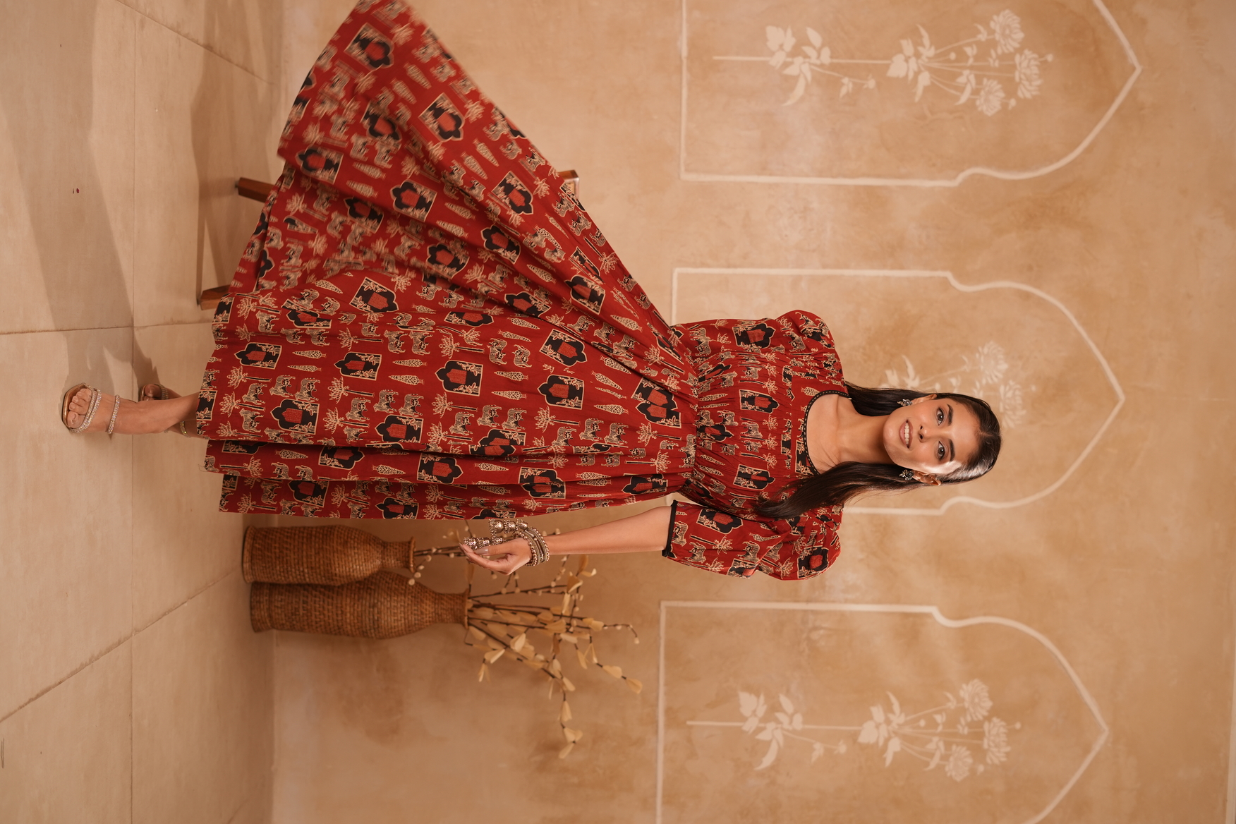 Rust Red Ethnic Printed Fit & Flare Maxi Dress